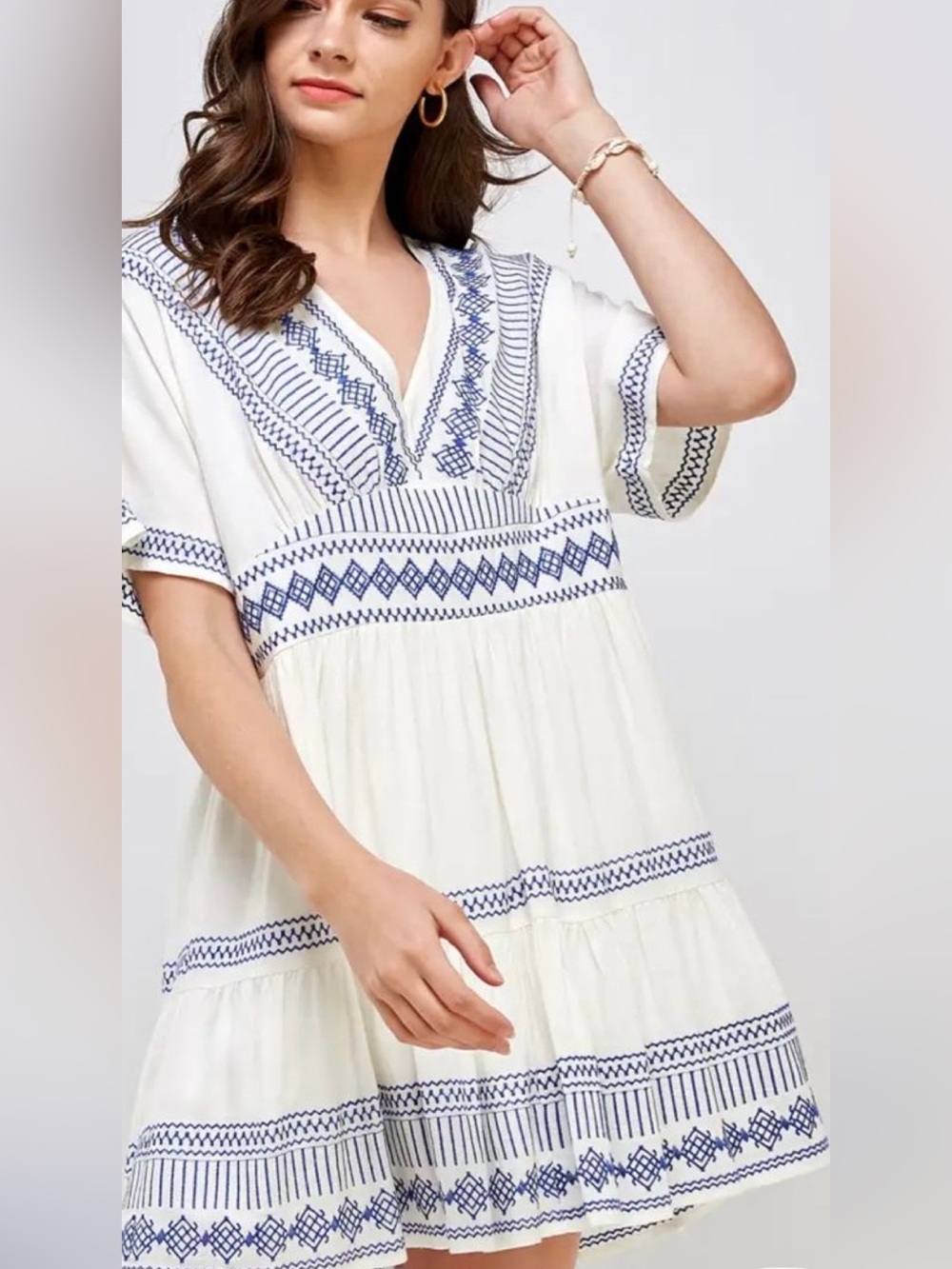 EN CREME - women’s Ivory and blue Embroidered Dress - M